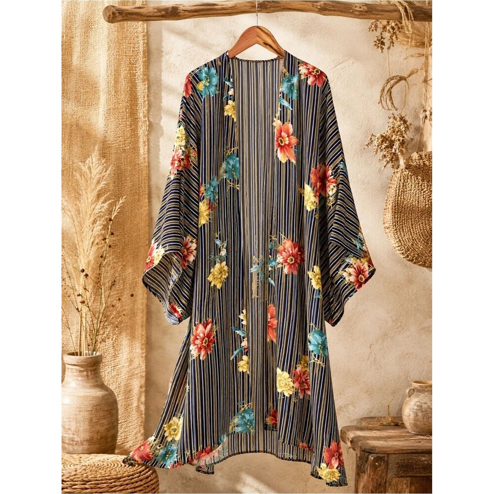 Umgee Mixed Print Floral Striped Pattern Kimono Duster Size S/M